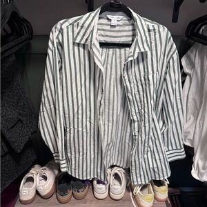Old Navy Women's Casual Green and White Striped Shirt